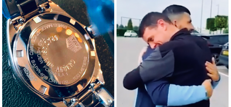 Left: One of the engraved watches; right: Sergio Aguero with Ally Marland