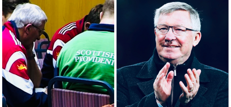 Left: Jim Telfer speaks to the British Lions in 1997. Right: Sir Alex Ferguson