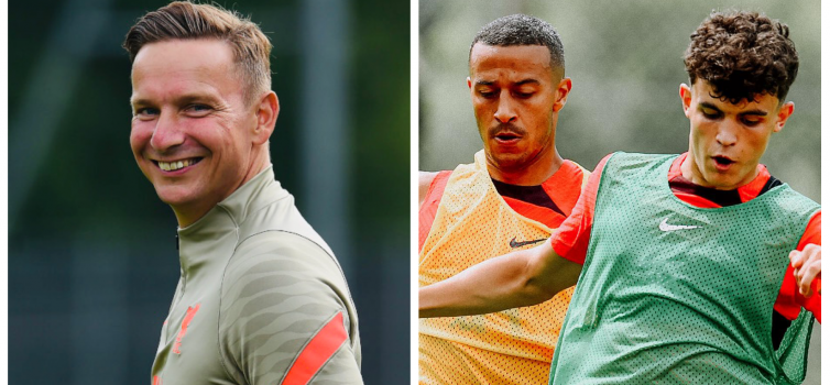 Pep Lijnders (left) and Thiago Alcantara training alongside Stefan Bajcetic (right)