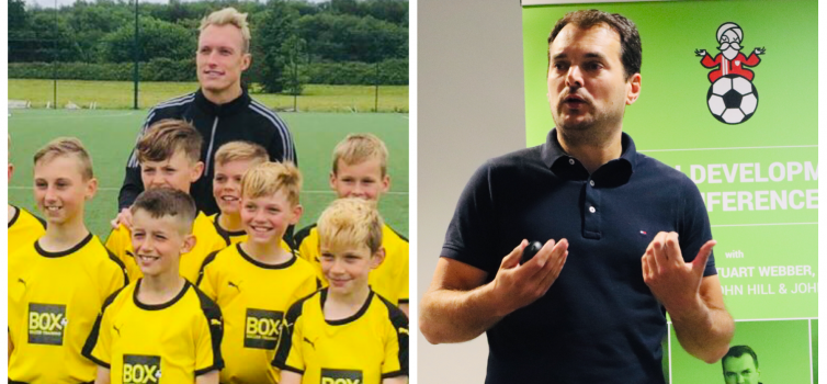 Phil Jones with players from Midlothian Box Soccer (left) and Stuart Webber (right)