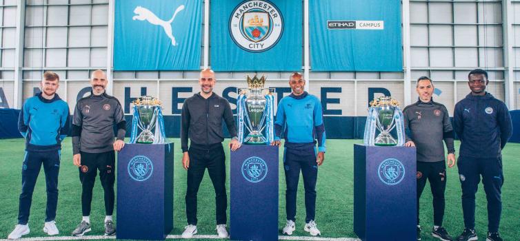 Left to right: Enzo Maresca and Tommy Doyle; Pep Guardiola and Fernandinho; Carlos Vicens and Kwaku Oduroh