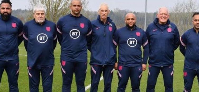 England C coaching staff: Pav Singh (far left), Anwar Uddin (third from left), Irfan Kawri (fifth from left) and Ebrahim Seedat (right)