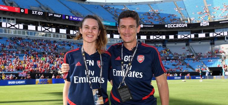 Newton with Head of Medical Gary O'Driscoll on Arsenal's pre-season tour