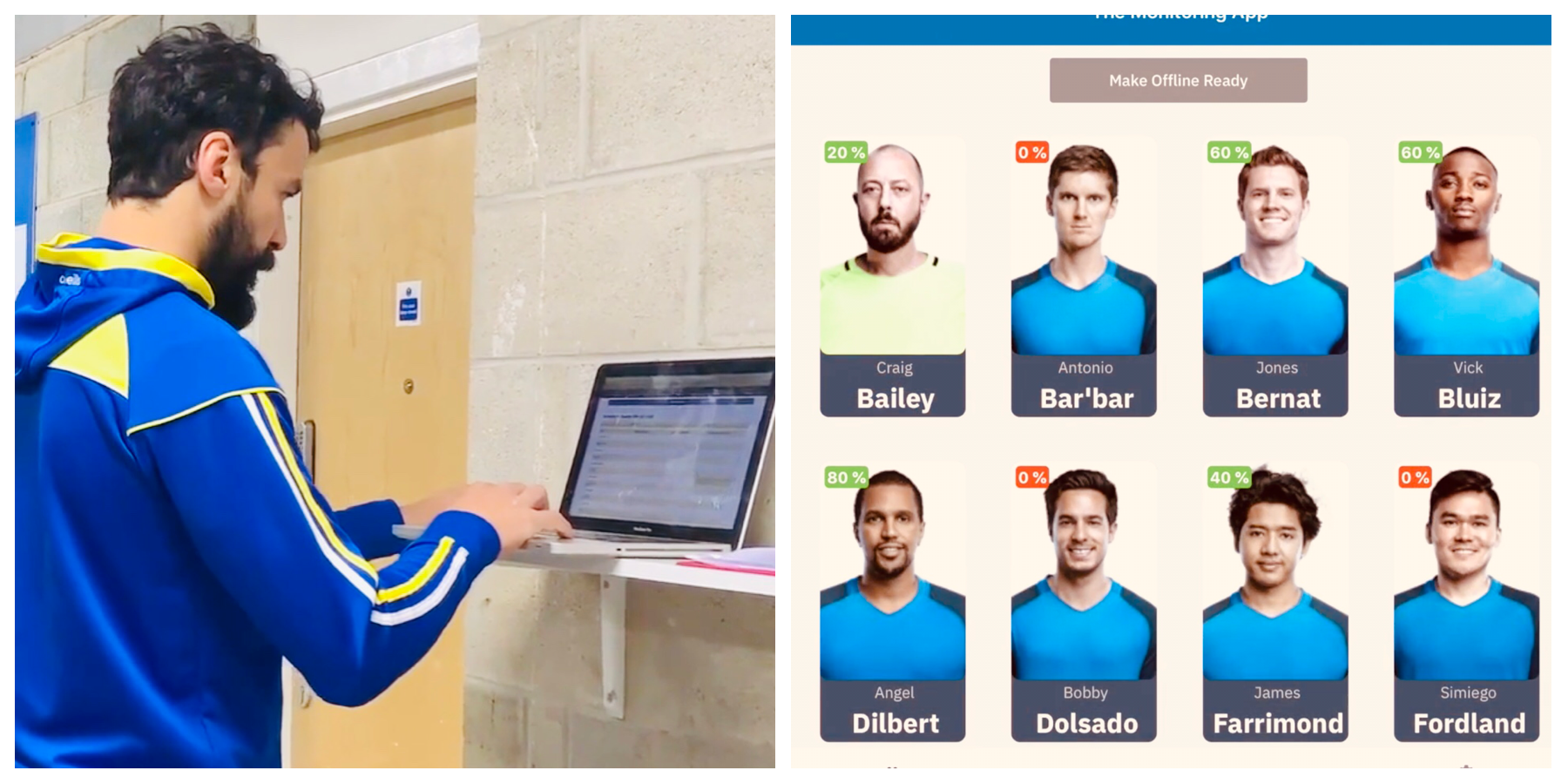 Left: Gardner analyses the monitoring results on The Rugby Squad. Right: An example of the team page.