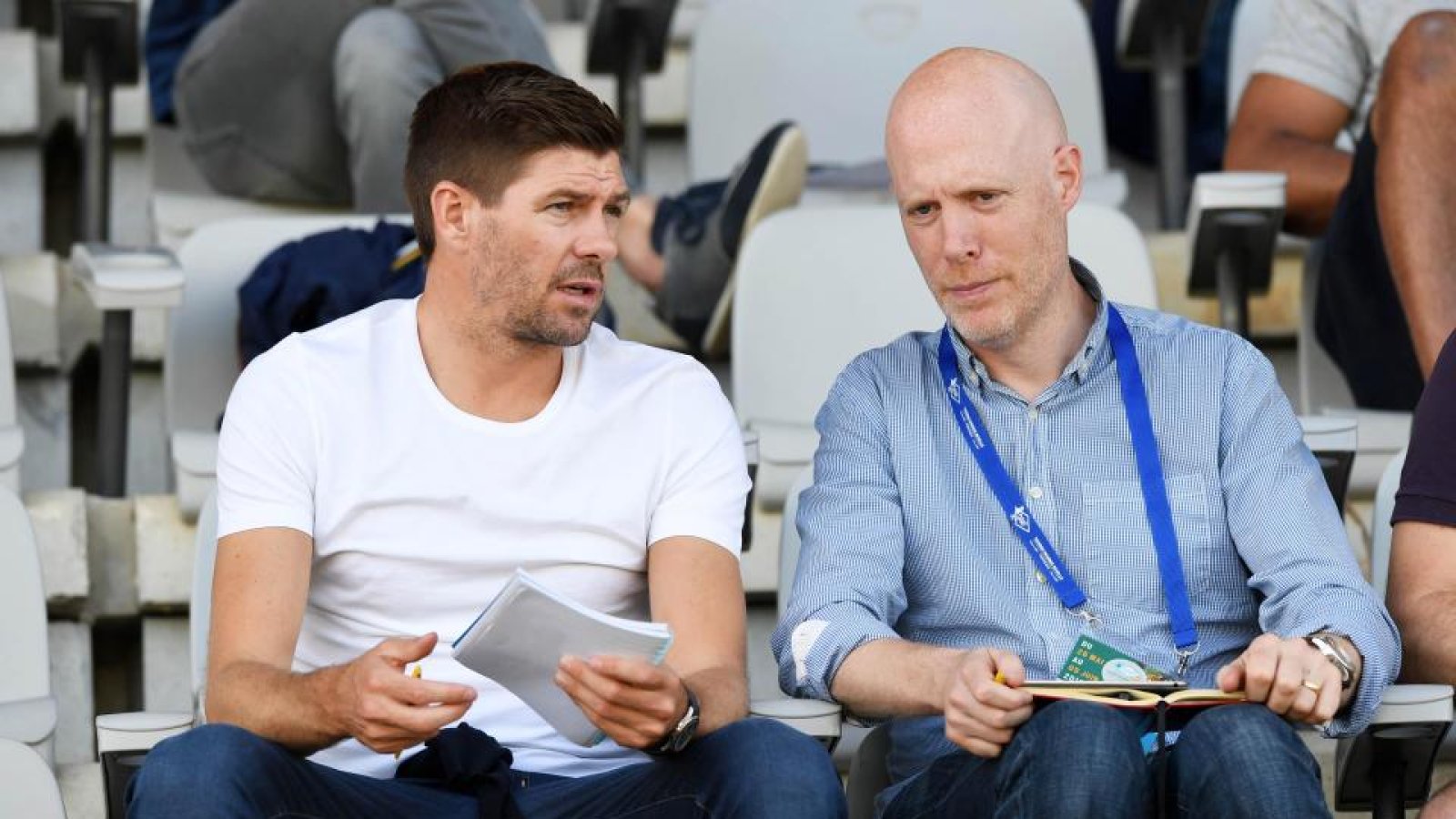 Broughton talking to Steven Gerrard during the Toulon U21 tournament this summer