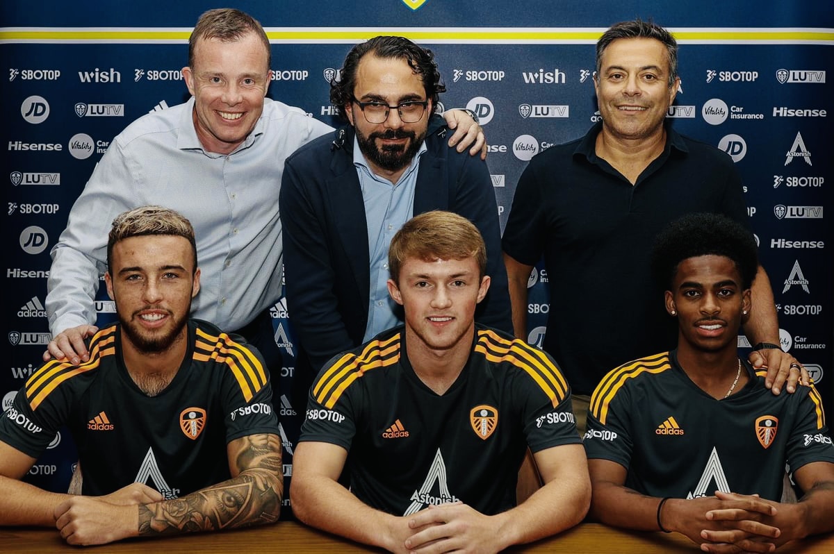 Players Sam Greenwood, Joe Geldhardt and Crysencio Summerville with CEO Angus Kinnear, Director of Football Victor Orta and Chairman Andrea Radrizzani